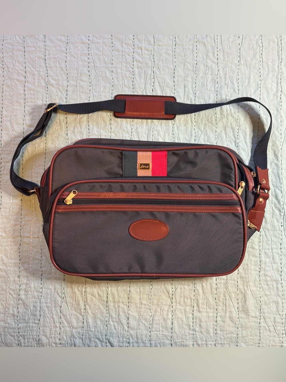Vintage Lark Travel Flight Bag Nylon Faux Leather Trim Multi Pocket 1980s